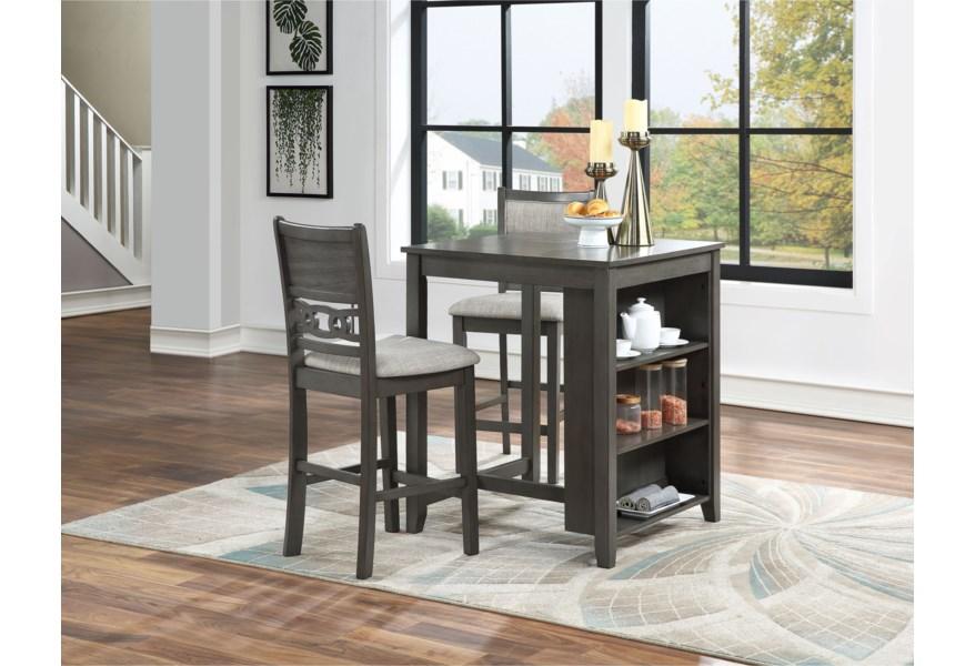 3PC Counter Set in Gray with 2 Stools and a Shelving Table
